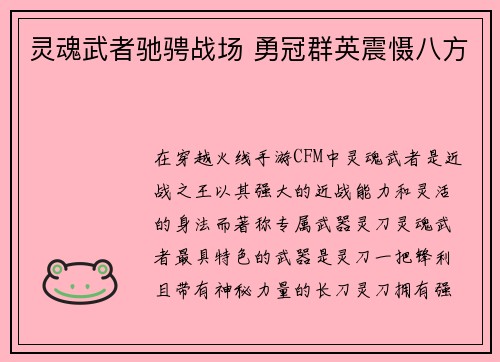 灵魂武者驰骋战场 勇冠群英震慑八方